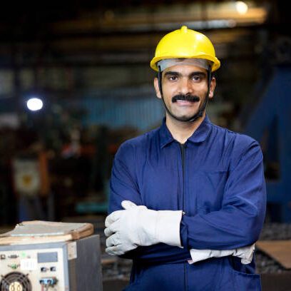 Happy industrial worker with arms crossed at factory